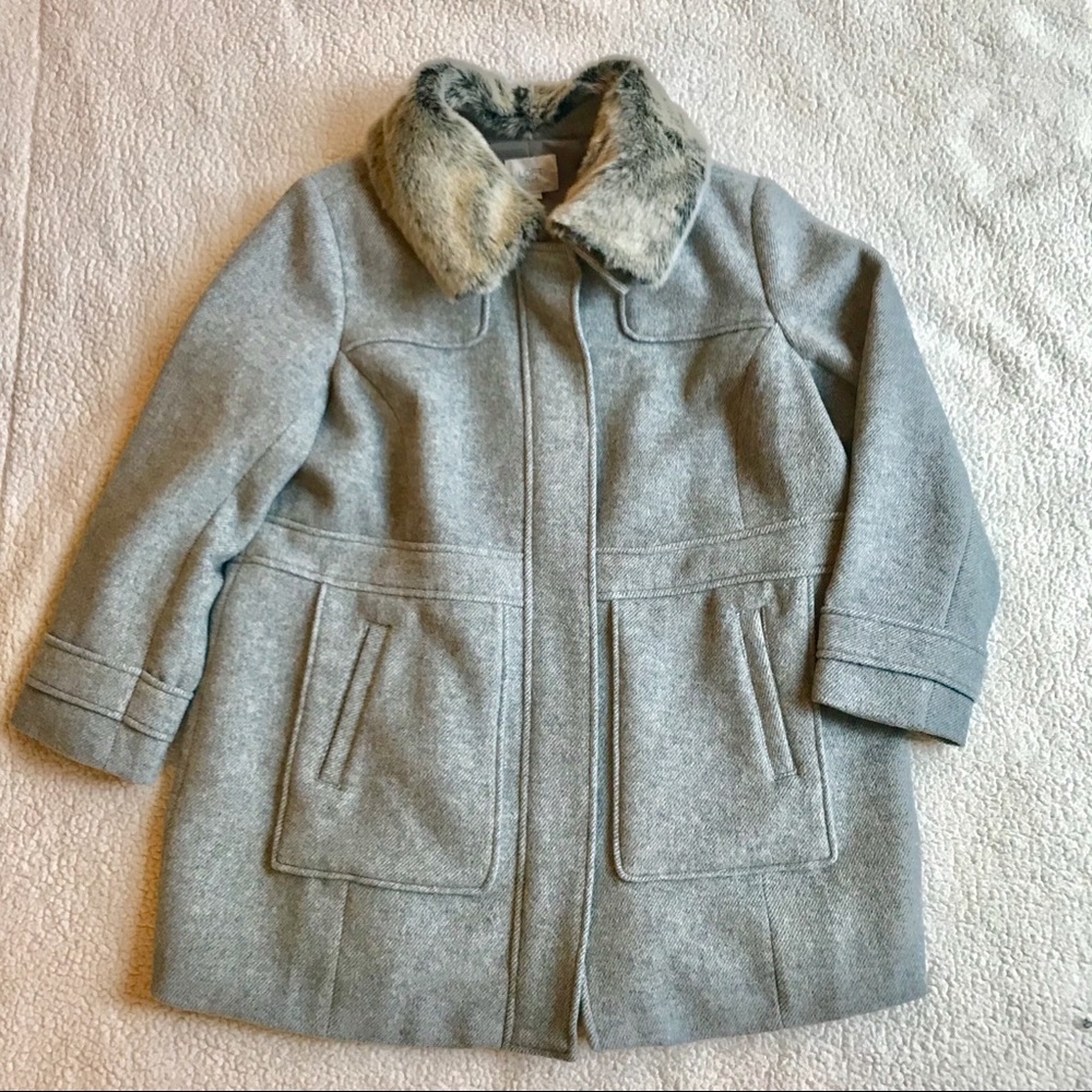 LOFT—Gray Wool Coat w/ Detachable Fur Trim
